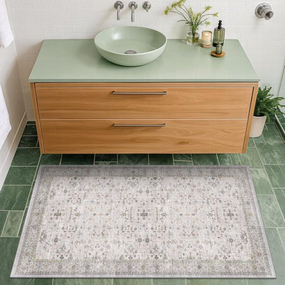 Boho Bathroom Rug by Light Grey | Modern Vintage Floral Design, Washable Non-Slip 2x4 Area Rug