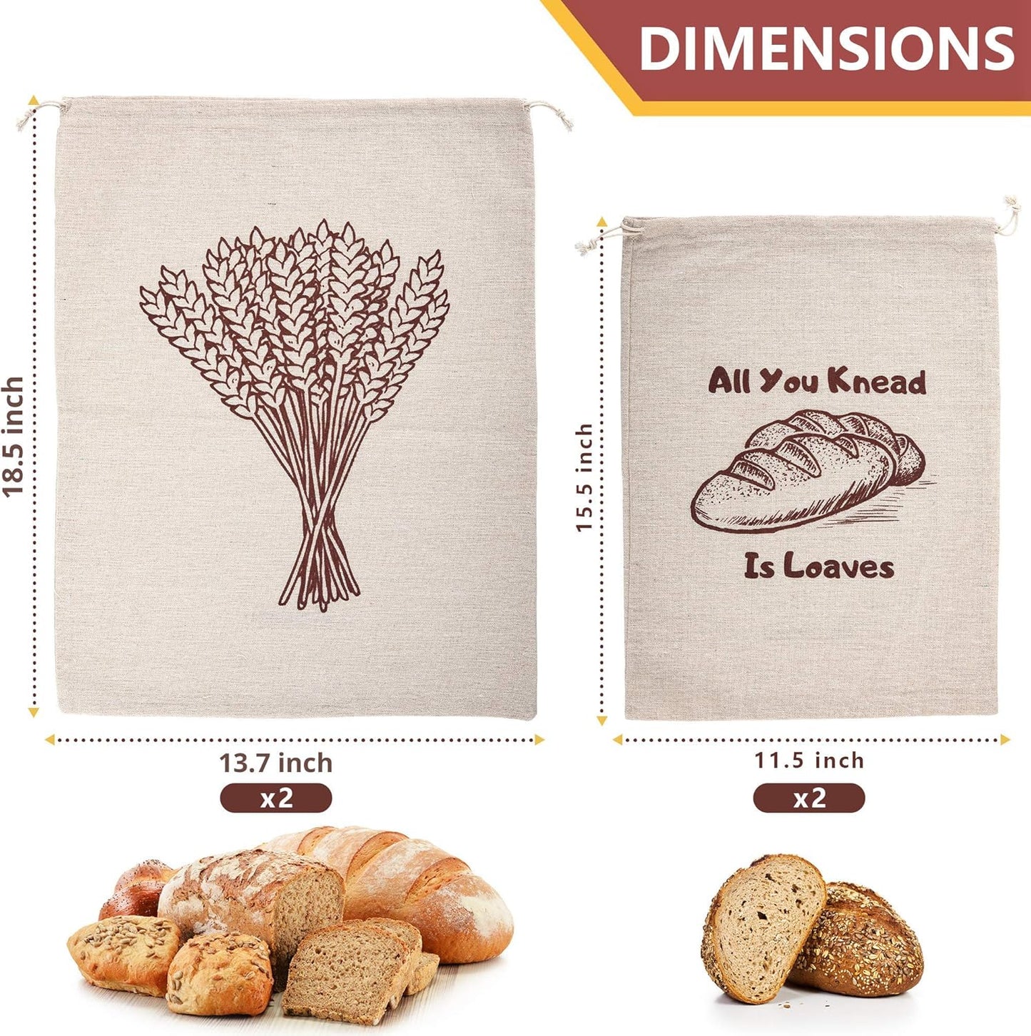 Linen Bread Bags, Pack of 4 Large and Extra Large Reusable Drawstring Bags for Homemade Artisan Bread Storage
