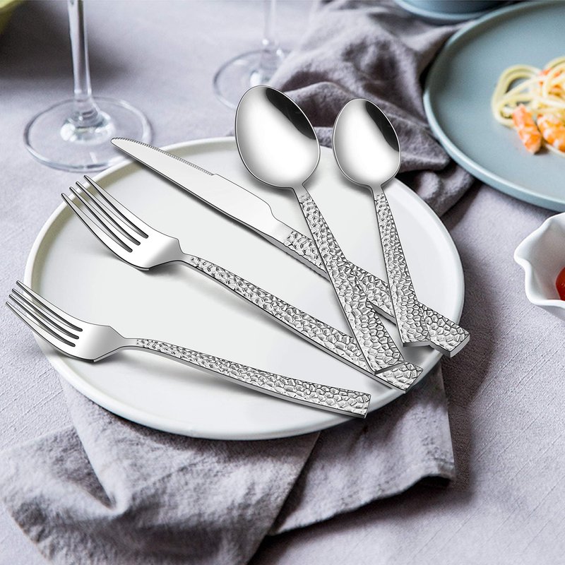 65-Piece Silverware Set with Serving Pieces, E-far Stainless Steel Hammered Flatware Eating Utensils Service for 12, Modern Tableware Cutlery Set with Square Edge, Mirror Polished, Dishwasher Safe