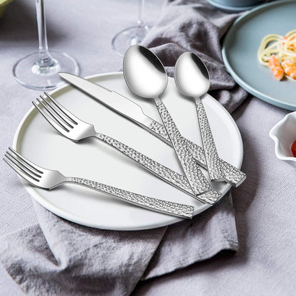 65-Piece Silverware Set with Serving Pieces, E-far Stainless Steel Hammered Flatware Eating Utensils Service for 12, Modern Tableware Cutlery Set with Square Edge, Mirror Polished, Dishwasher Safe