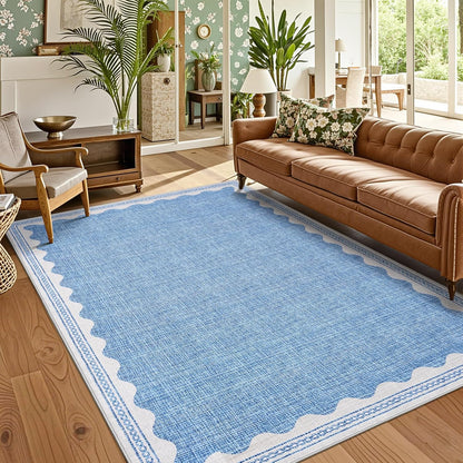 5x7 5 7 GarveeHome Rug for Living Room, Scalloped X Area Rugs Washable Non-Slip Solid Blue Modern Minimalism Low-Pile