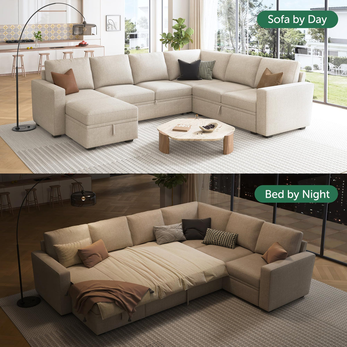 HONBAY Modular Sectional Sleeper Sofa with Pull Out Bed, U Shaped Sectional Couch with Storage Ottoman, Sleeper Sectional Couches for Living Room, Beige
