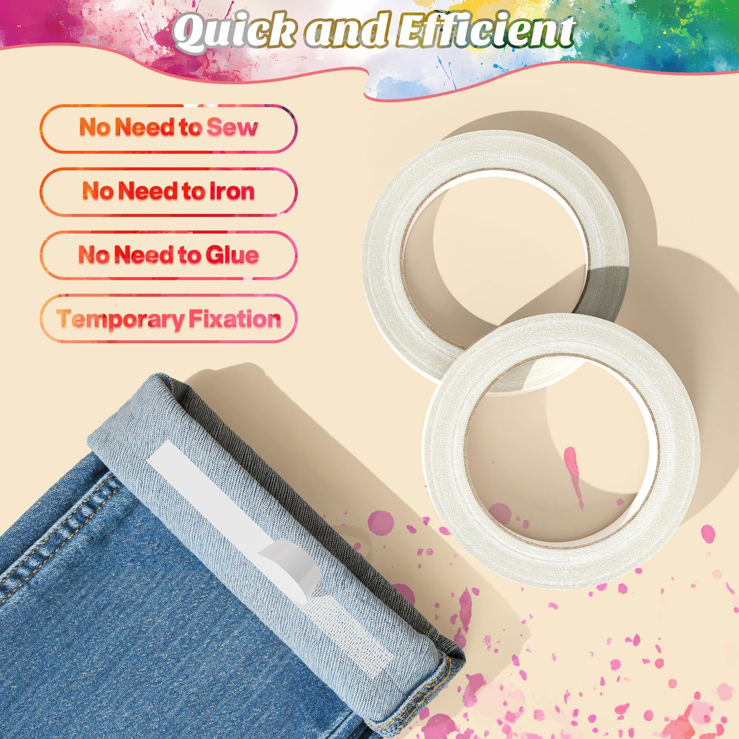 Hoacm 2 Rolls Double Sided Fabric Tape, Extra Strong Hem Tape No Sew No Iron, Fabric Adhesive Tape for Quick Clothing Hemming, Repairs & DIY Crafts (0.5inch x 40ft + 1inch x 40ft)