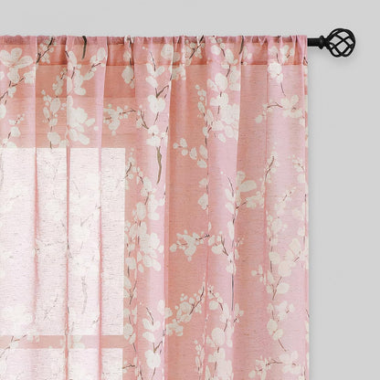 FMFUNCTEX Linen Sheer Curtains, Blush Pink Blossom Patterned, 96 Inches Long, Floral Drapes for Kids Room and Living