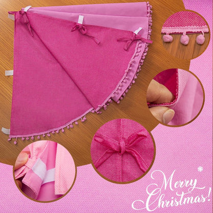 SevenFish Christmas Tree Skirt, 48 inches Large Tree Skirt Soft Double Layer Burlap Tree Skirt with Pom Pom for 6ft 8ft Christmas Tree Holiday Party Decorations, Rose Pink