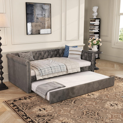 Christopher Knight Home Upholstered Daybed with Trundle, Twin Size Trundle Sofa Bed, Couch Bed with Backrest and Curved Armrests, No Box Spring Needed, for Living Room, Bedroom and Guest Room, Grey