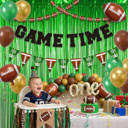 Football Party Decorations Set with Green Fringe Curtains & GAME TIME Banner – Game Day Football Decor, Football Themed Party Supplies for Birthday, Watch Party & Sports Events