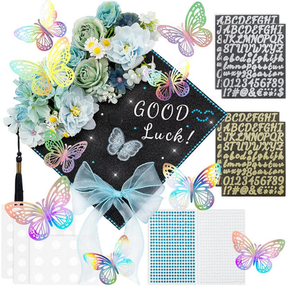 HCKLM Graduation Cap Decorations Kit - Assorted Flowers 3D Butterfly Stickers Glitter Rhinestones Alphabet Letter Number Stickers for DIY Grad Cap Topper 2026 Graduation Party Supplies (Blue)
