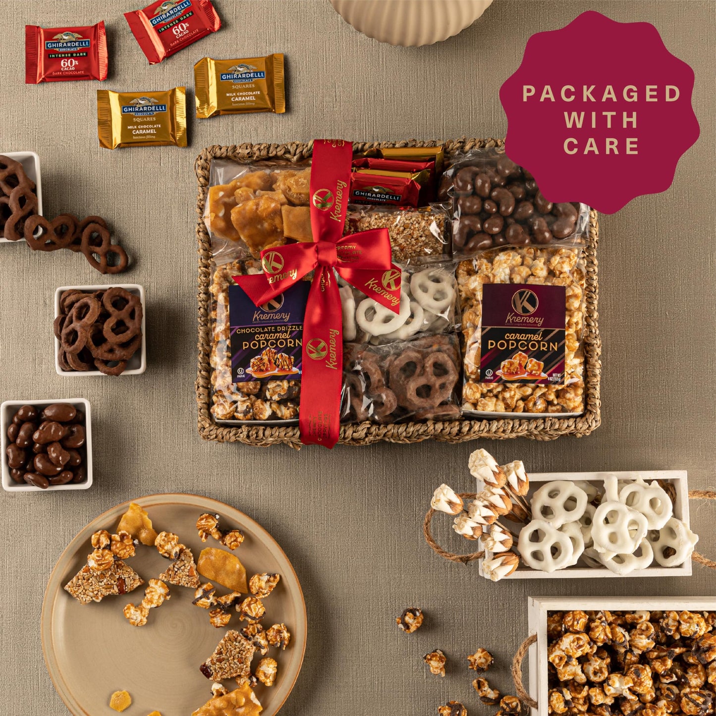 KREMERY Creamy Chocolate Cravings - Chocolate Covered Pretzels & Caramel Popcorn Gift Basket, in Seagrass Tray + Ribbon (Premium, 2.5 lbs) Food Arrangement, Food Assortments USA Made