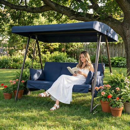 Terravoy Porch Swing Sofa Bed with Stand and Canopy, Outdoor 3-Seat Bench Swing Heavy Duty, Patio Extra Large Swing Bed with Rain Cover