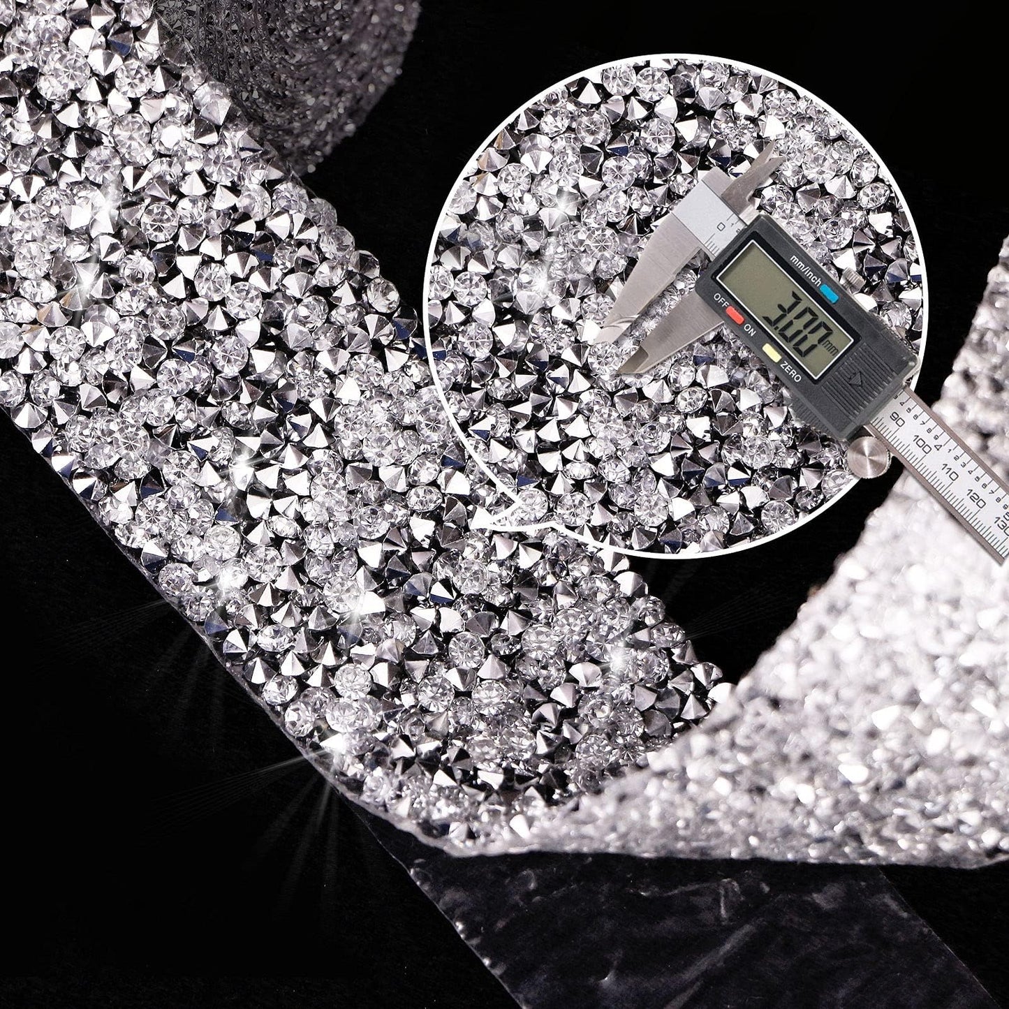 Locacrystal Bling Crystal Rhinestone Ribbon Self-Adhesive Iron on Resin Diamond Ribbon Wrap Roll DIY Bling Stickers for Wedding Clothing Cars Crafts Dress Decoration（Silver,1.18inch x 3yard）