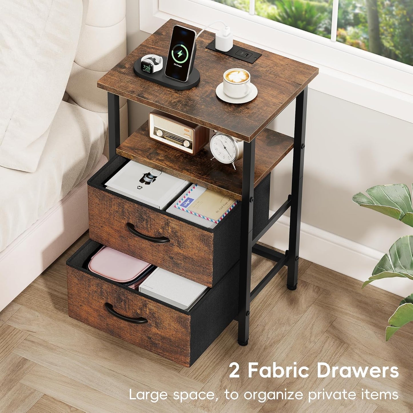 24.2" Vagusicc Nightstand with Charging Station, Small Night Stand with Fabric Drawers for Bedroom, End Table, Bedside