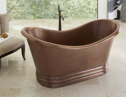 Sinkology Euclid 71.5 Inch Freestanding Soaking Bathtub, Antique Copper, Solid Copper Double Slipper Tub for Two with Overflow