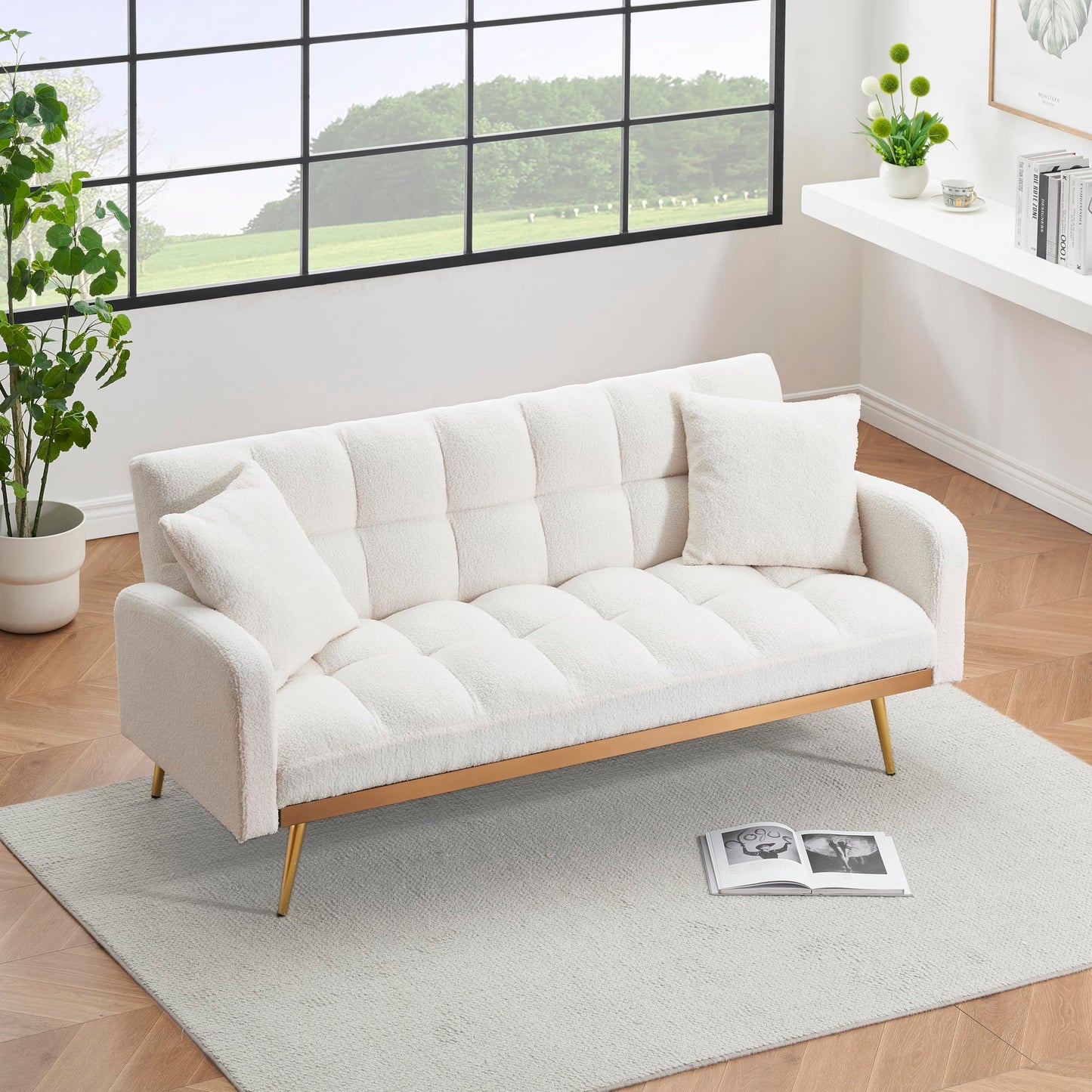 Eafurn Padded Convertible Futon Sofa Bed, Teddy Fleece Fabric Futons Loveseat Couch with Adjustable Backrest, Folding Sleeper Recliner Sofabed for Living Room Furniture