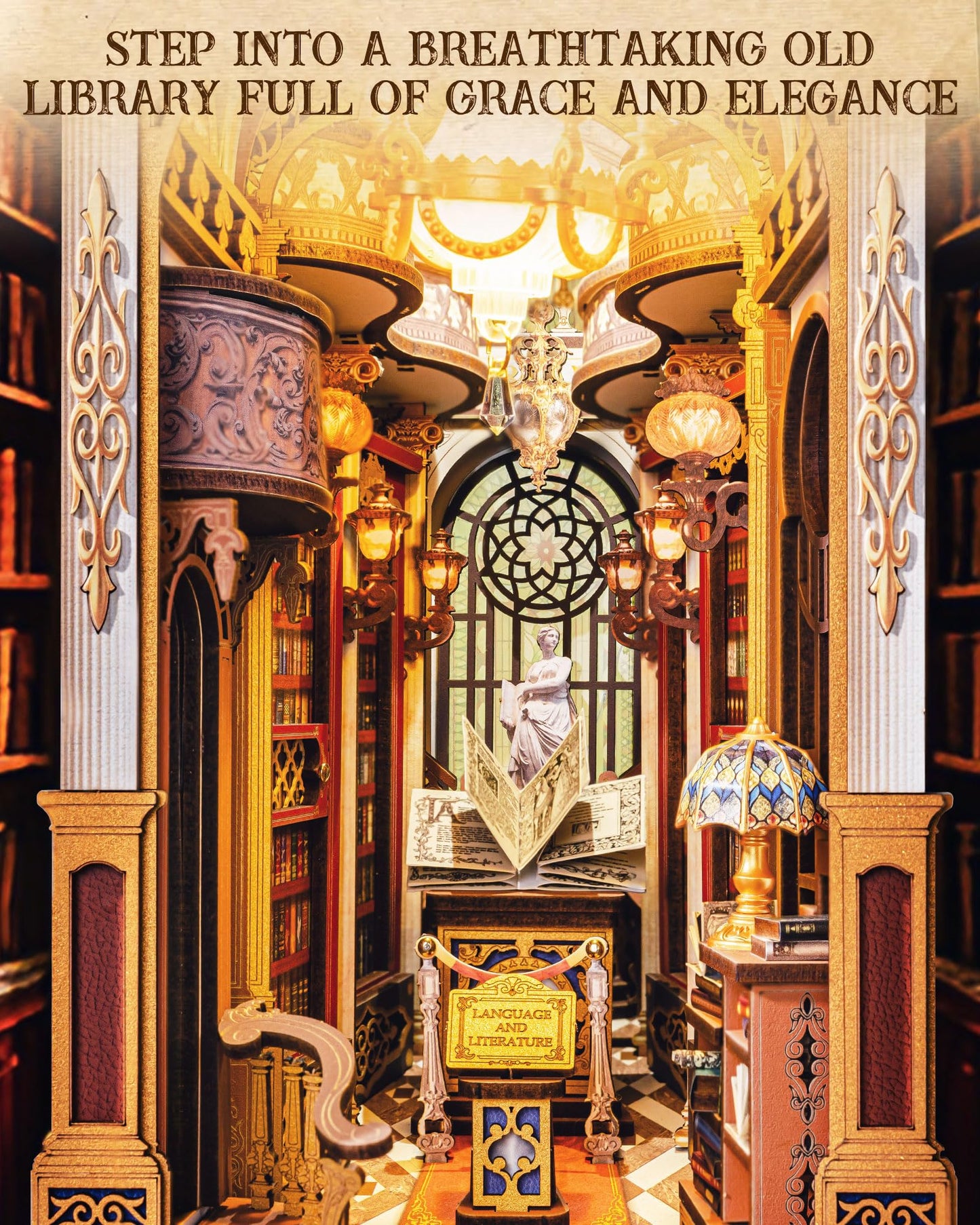 Rolife Book Nook Kits 3D Wooden Puzzle for Adults - Library of Wonders 258-Piece DIY Booknook Building Kit Baroque Architecture Model Bookshelf Decor Craft Gift for Adult Book Lovers