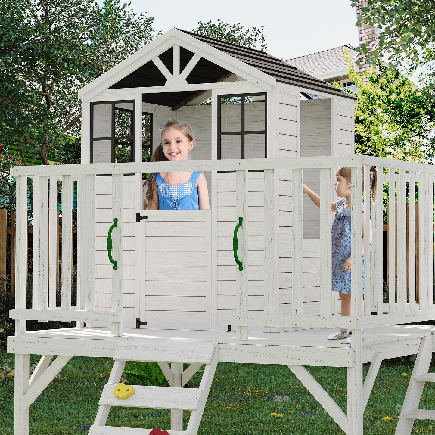 GarveeLife Outdoor Wooden Playhouse with Climbing Wall, 2 Story Wooden Playhouse with Step Ladder, Elevated Modern Cedar Playhouses Kids