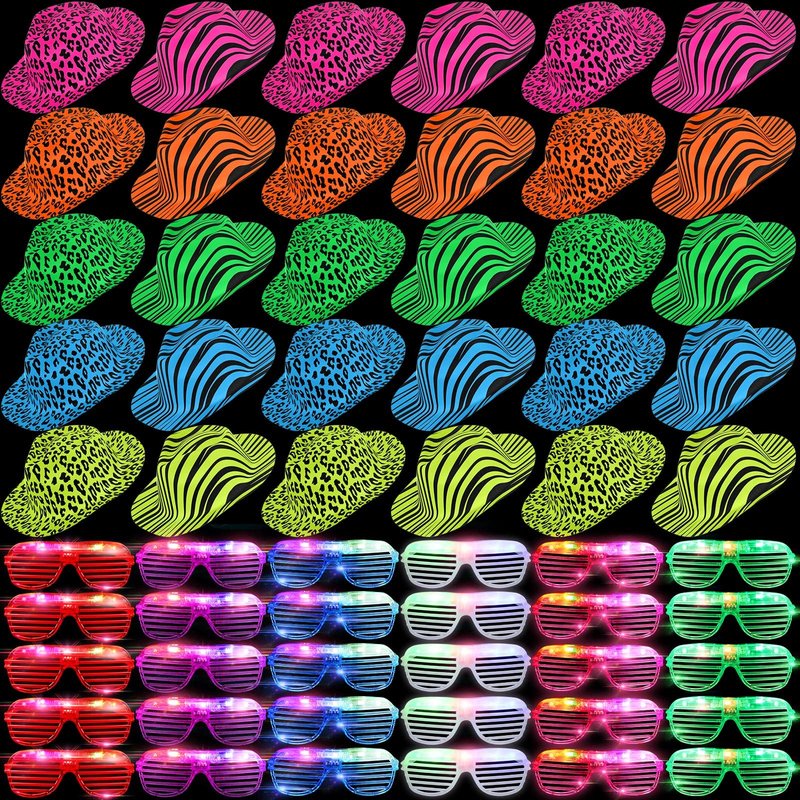 60 Set Party Hats Glasses Including 30 Neon Animal Print Plastic Hats and 30 Flashing LED Light up Glasses for Adult Birthday Bachelorette Party Props
