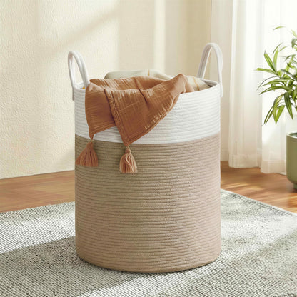 SONGMICS Laundry Hamper, Cotton Rope Laundry Basket with Handles, for Children, Toys, Clothing, Living Room, Bedroom, 15.8 Gallons, 13.8 x 13.8 x 19.7 Inches, White and Grayish Brown URLH061LZ01