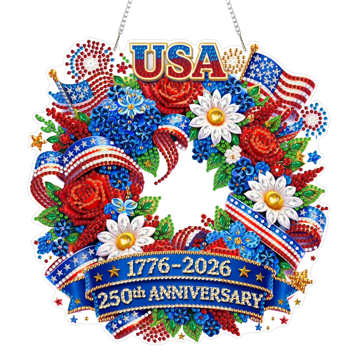 Eiflow 250th Anniversary Diamond Art Hanging Kit for Adults, DIY Diamonds Painting Door Hanger Board Kit, Special Acrylic Diamond Art Painting Pendant Ornament (4th of July Wreath)