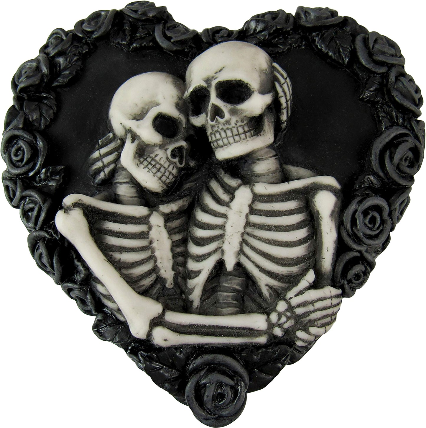 DWK - To Have & To Hold - Beautiful Gothic Skeleton Lovers Embracing on Black Rose Wreath Keepsake Jewelry Trinket Stash Box with Red Interior Romantic Goth Valentine's Day Home Decor Accent, 5-inch