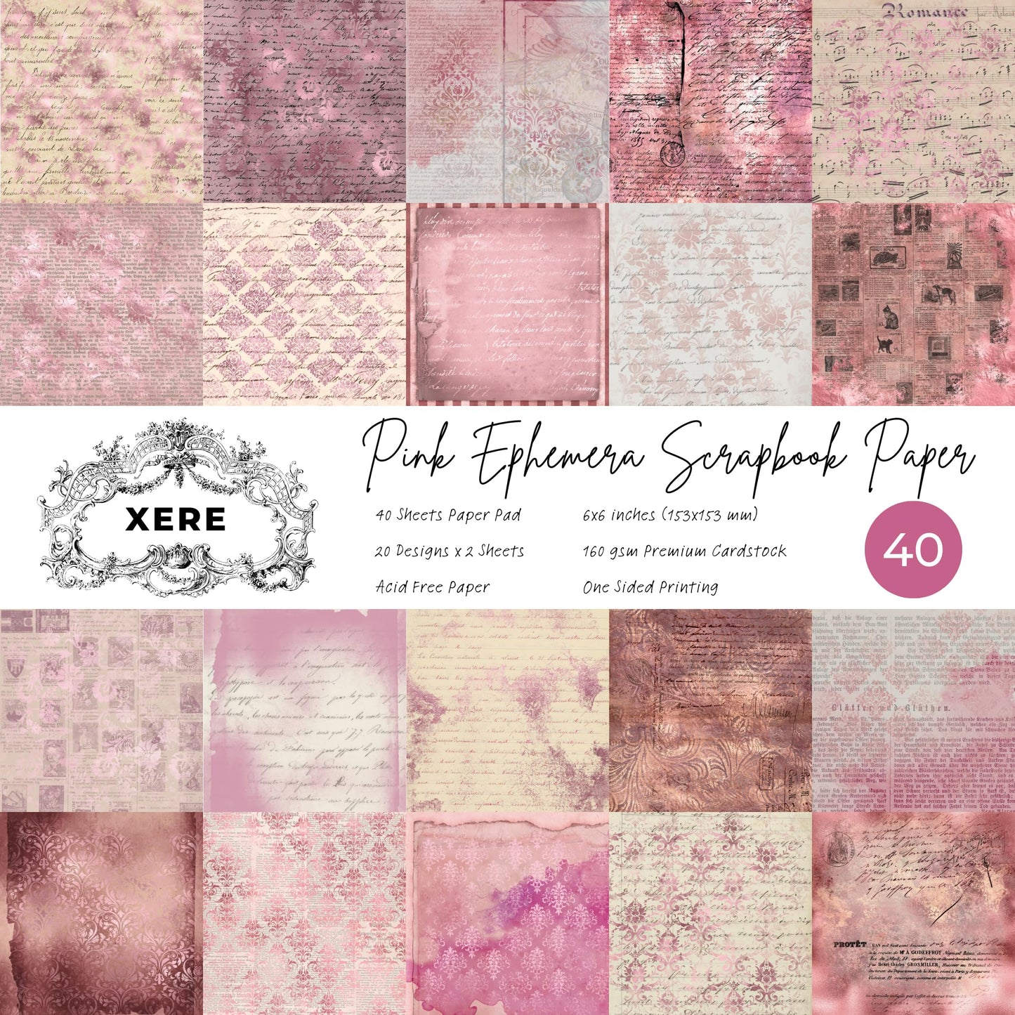 XERE 40 Sheets Pink Scrapbook Paper, 6x6 Ephemera Pattern Paper Pack for Journaling Notebooks, Sketchbook, Bookmark Making, Junk Journal, Scrapbook Art Supplies
