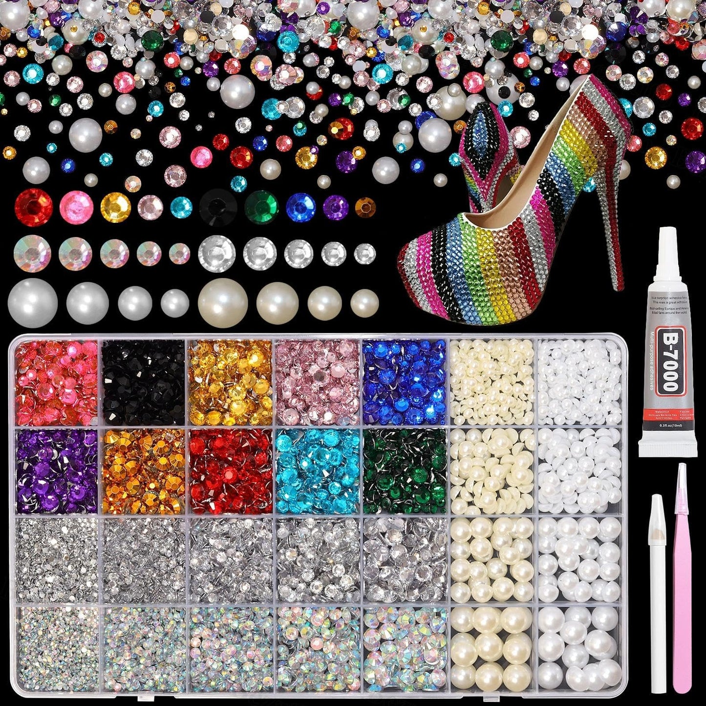 14000Pcs Colorful Flatback Rhinestones and Pearls for Bedazzling Kit, 2-6mm Resin Gems Bedazzling Rhinestone, 4-10mm Flatback Pearls Gems Rhinestones for Crafting DIY Face Makeup
