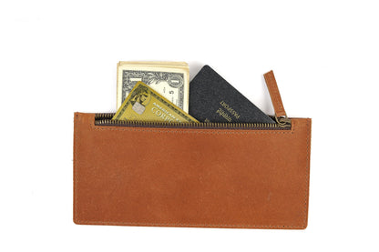 CestAntiQ Tan Leather Multipurpose Zippered Handbag, Currency Pouch, Pen Pencil Holder, Phone Wallet, Card Makeup Bills Organizer & Everyday Accessories, Compact Functional Wallet