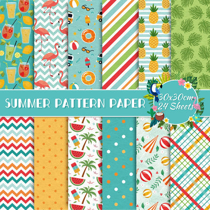 Whaline 24 Sheet Summer Pattern Paper Pack 12 Designs Holiday Scrapbook Specialty Paper Double-Sided Collection Decorative Craft Papers for Summer DIY Card Making Scrapbook Photo Album Decor