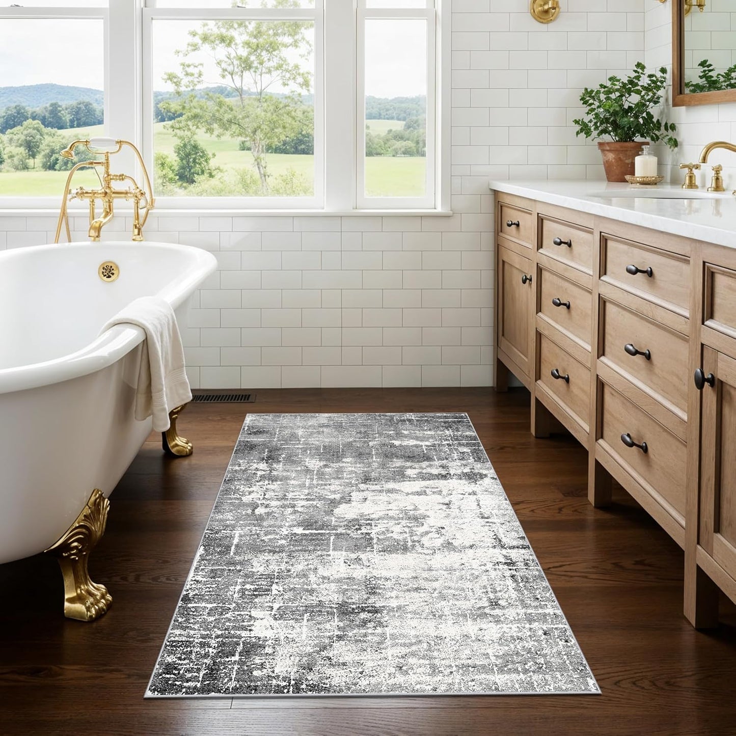 Skiennix Washable Area Rug - Abstract Water-Resistant Non-Slip Doormat | 2x3 ft, Black/Grey for High-Traffic Areas