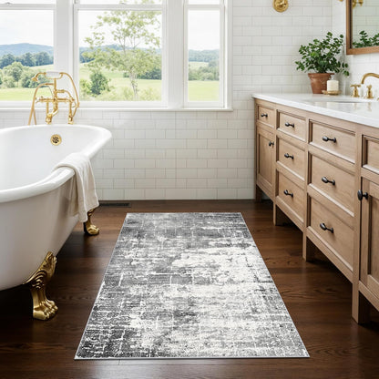 Skiennix Washable Area Rug - Abstract Water-Resistant Non-Slip Doormat | 2x3 ft, Black/Grey for High-Traffic Areas