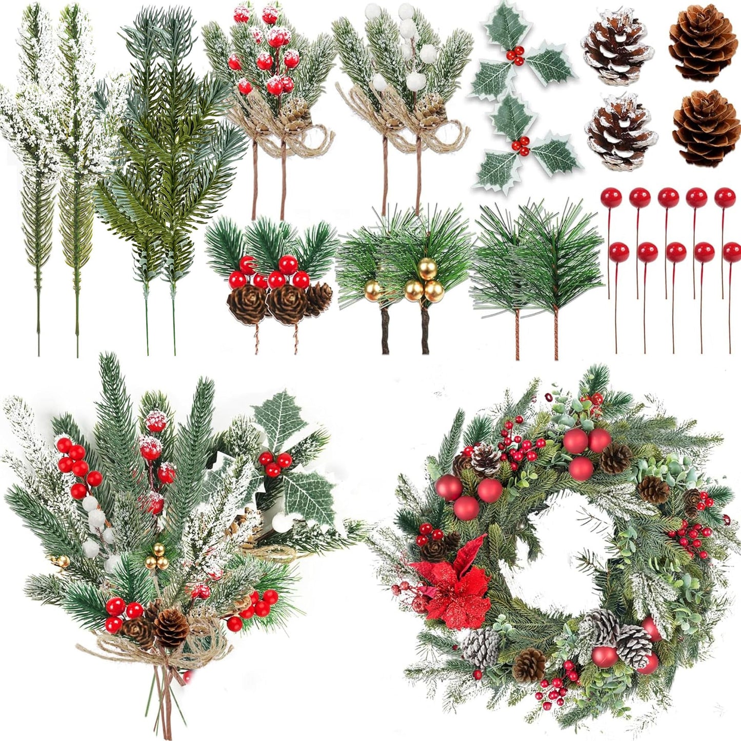 60 Pcs Artificial Green Pine Needles Branches Set Christmas Artificial Holly Red Berry Pinecones with for Christmas Tree House Decorations Christmas Flower Arrangements Wreaths Holiday Supplies (01)