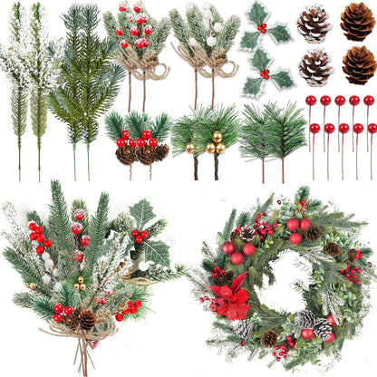 60 Pcs Artificial Green Pine Needles Branches Set Christmas Artificial Holly Red Berry Pinecones with for Christmas Tree House Decorations Christmas Flower Arrangements Wreaths Holiday Supplies (01)