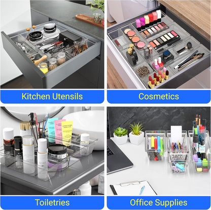 YAN & HIN Set of 60 Stackable Non-Slip Acrylic Organizers, 4 Sizes for Makeup, Kitchen Drawer, Desk Storage