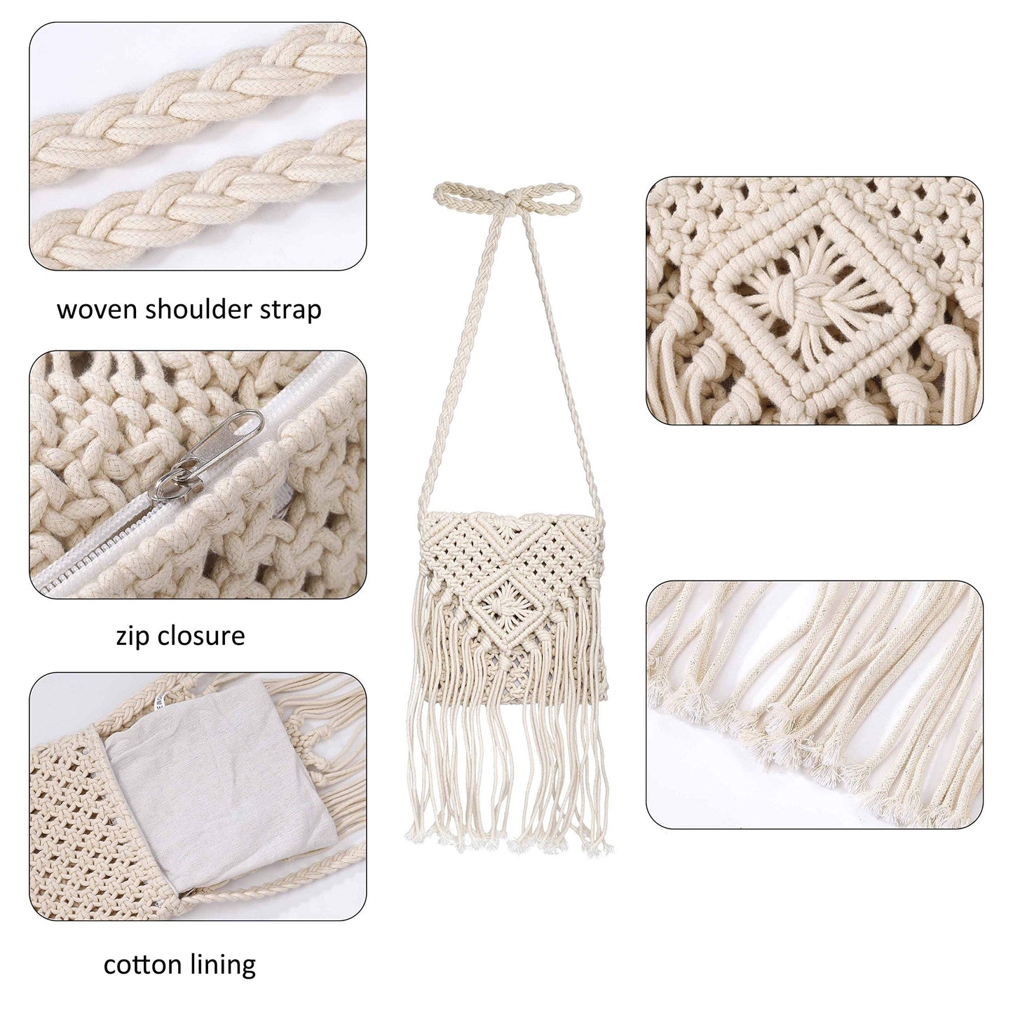 Women Tassel Shoulder Bag, Girls Fringed Crochet Purse Boho Crossbody Bags, Vintage Hand Woven Cotton Rope Hippie Style for Beach Vacation, Travel, Daily Use, Beige, Beige, S