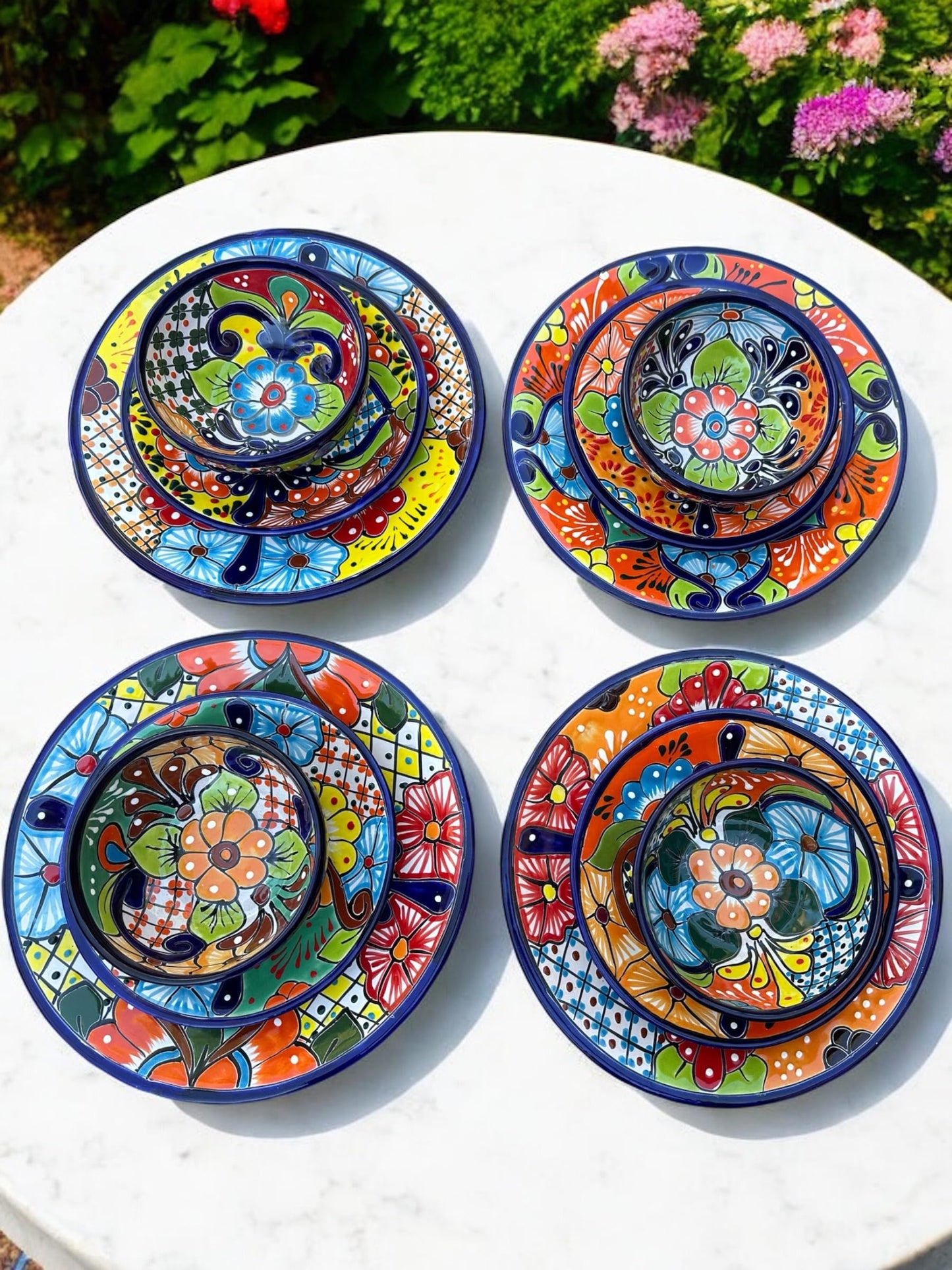 16-Piece Talavera Dinnerware Set | Hand-Painted Mexican Pottery with 4 Large 11.5” Plates, 4 Small 8” Plates, 4 Bowls, and 4 Mugs | Unique, Artisan-Made Ceramic Dish Set