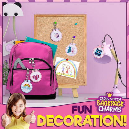CRAFTILOO Cross Stitch Kit for Kids - 5 Easy Stamped Cross Stitch Kits for Beginners | Embroidery Kit for Girls Ages 7-13 | Needlepoint Craft Set, Backpack Charms & Keychains