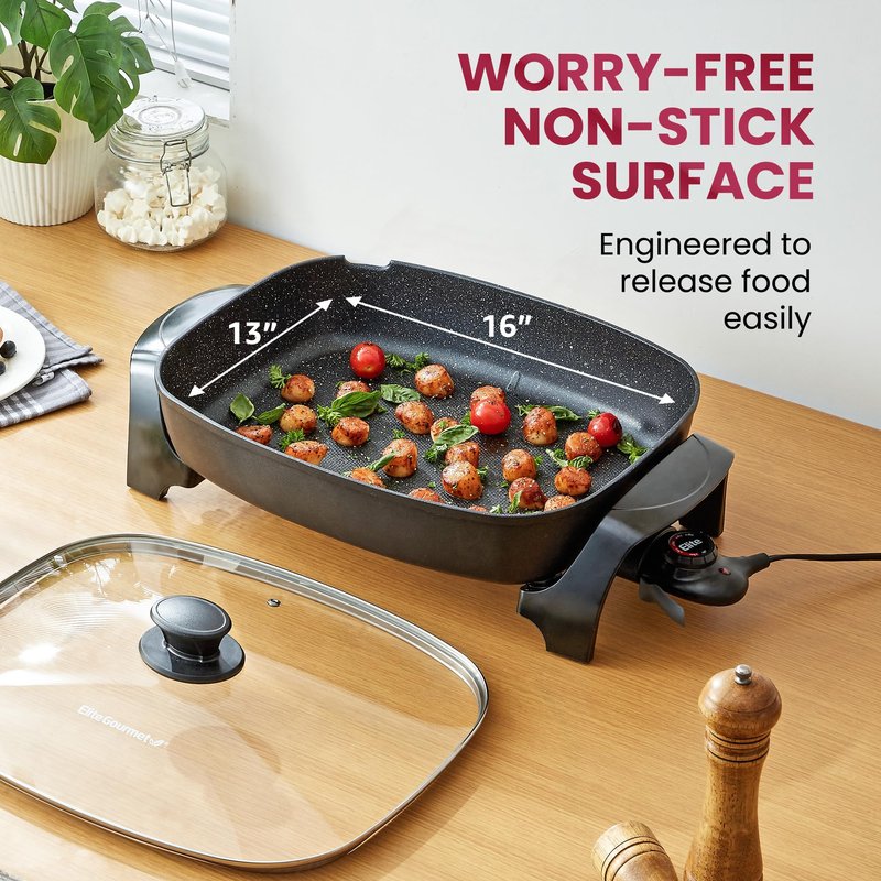 Elite Gourmet EG-6203X Extra Deep 16"x13"x3.2" (10.5Qt.) Scratch Resistant, Easy Pour Spout, Dishwasher Safe, Non-stick Electric Skillet with Vented Glass Lid, Adjustable Temperature, Black