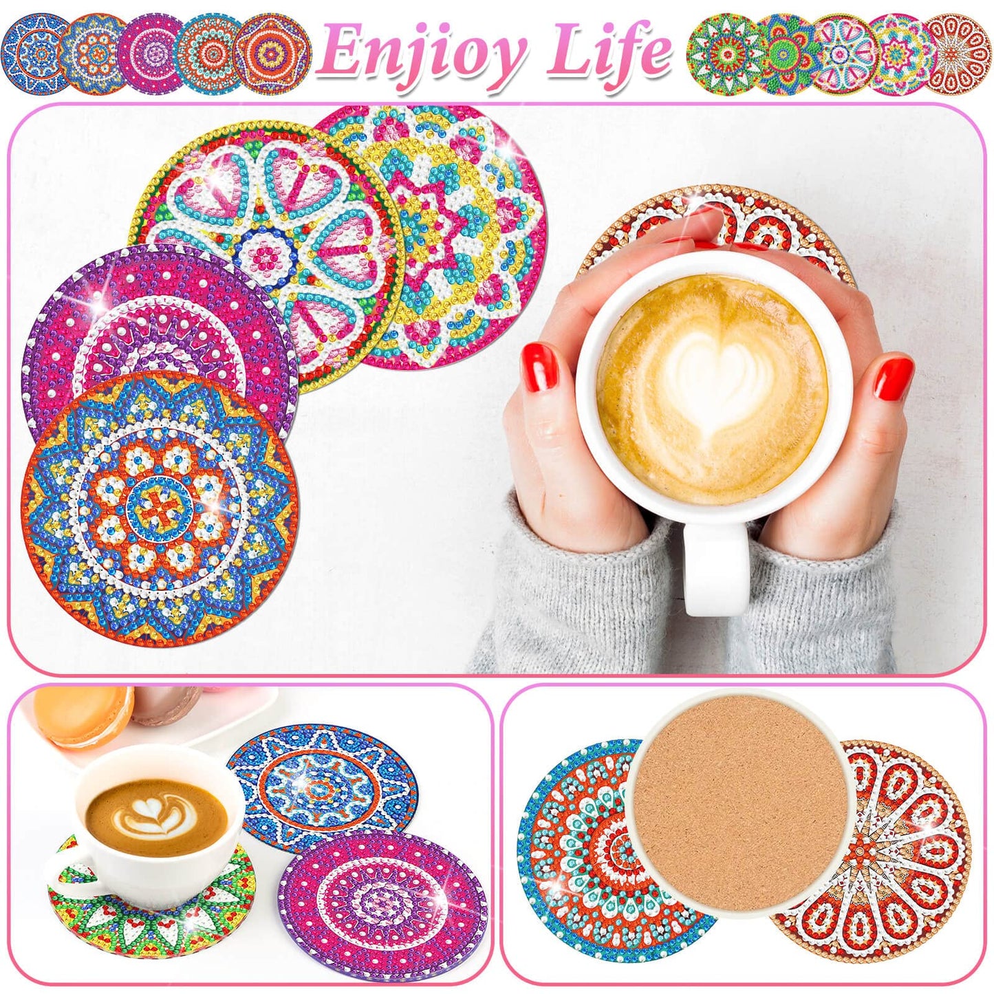 Billbotk Diamond Painting Coasters Kit, 10 Pieces Mandala Diamond Art Coasters with Holder, DIY Diamond Arts and Crafts for Adults
