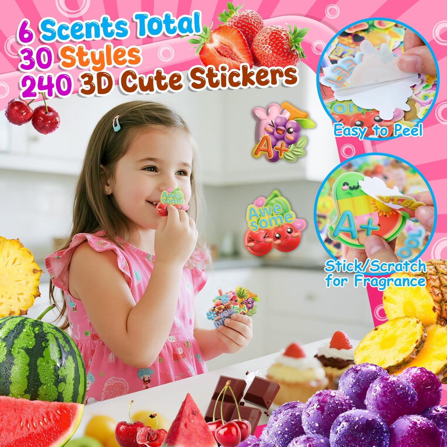 HORIECHALY 240 Pcs 3D Food Scratch and Sniff Stickers, Motivational Reward Scented Stickers for Kids & Teachers, Smelly Sticker for Classroom, Birthday, Student Party, School