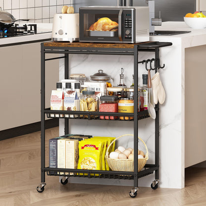 Microwave Kitchen Cart with Push Handle, 3 Tier Rolling Cart with 2 Lockable Wheels, Vintage Kitchen Storage Cart with 210Lbs Capacity for Kitchen Island, Restaurant, Coffee Bar, Living Room, Office