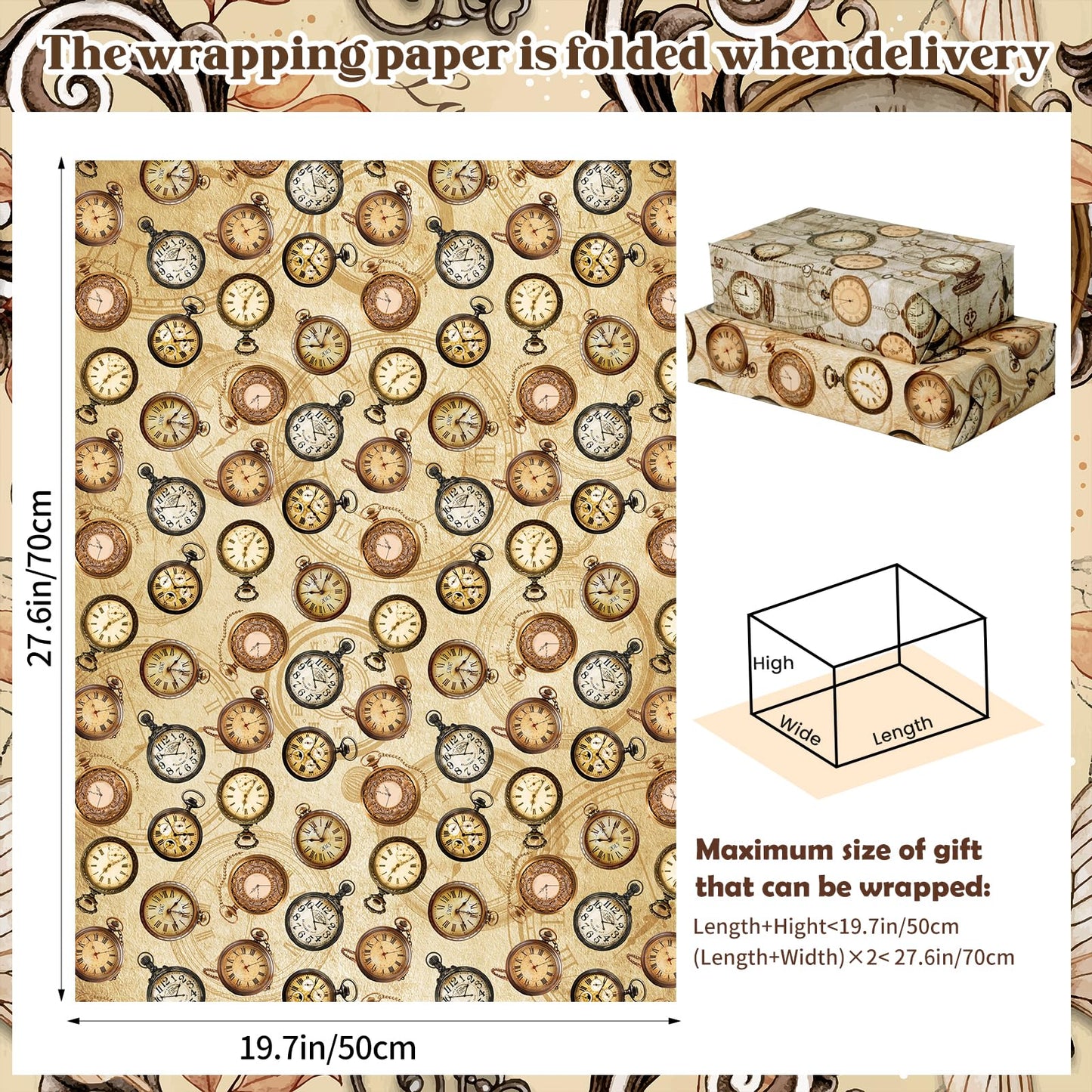 Steampunk Clock Wrapping Paper for Men Dad, 12 Sheets Antique Pocket Watch Wrapping Paper, Watch Gear Gift Wrap for Father's Day Watch Lovers Birthday Anniversary DIY Crafts, 19.7 x 27.6 Inch