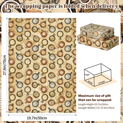 Steampunk Clock Wrapping Paper for Men Dad, 12 Sheets Antique Pocket Watch Wrapping Paper, Watch Gear Gift Wrap for Father's Day Watch Lovers Birthday Anniversary DIY Crafts, 19.7 x 27.6 Inch