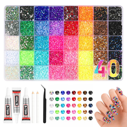 40 Colors Jelly Rhinestones for Bedazzling, 32000Pcs 3mm Flatback Gems for Diamond Art, Crystal Bedazzling Kit with 3Pcs B7000 Jewelry Glue for Nail Art Crafting Clothing Makeup Water Bottle