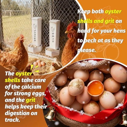 2 Pack Chicken Grit and Oyster Shell Feeder, Hanging Wall Mount Chicken Feeder Combo, Waterproof ABS Automatic Gravity