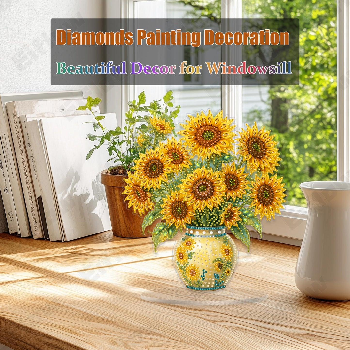 Eiflow Desktop Diamond Art Kit for Adults Vase Sunflower, DIY Tabletop Diamond Art Painting with Stand, Acrylic Stand Up Gem Painting Board Kit