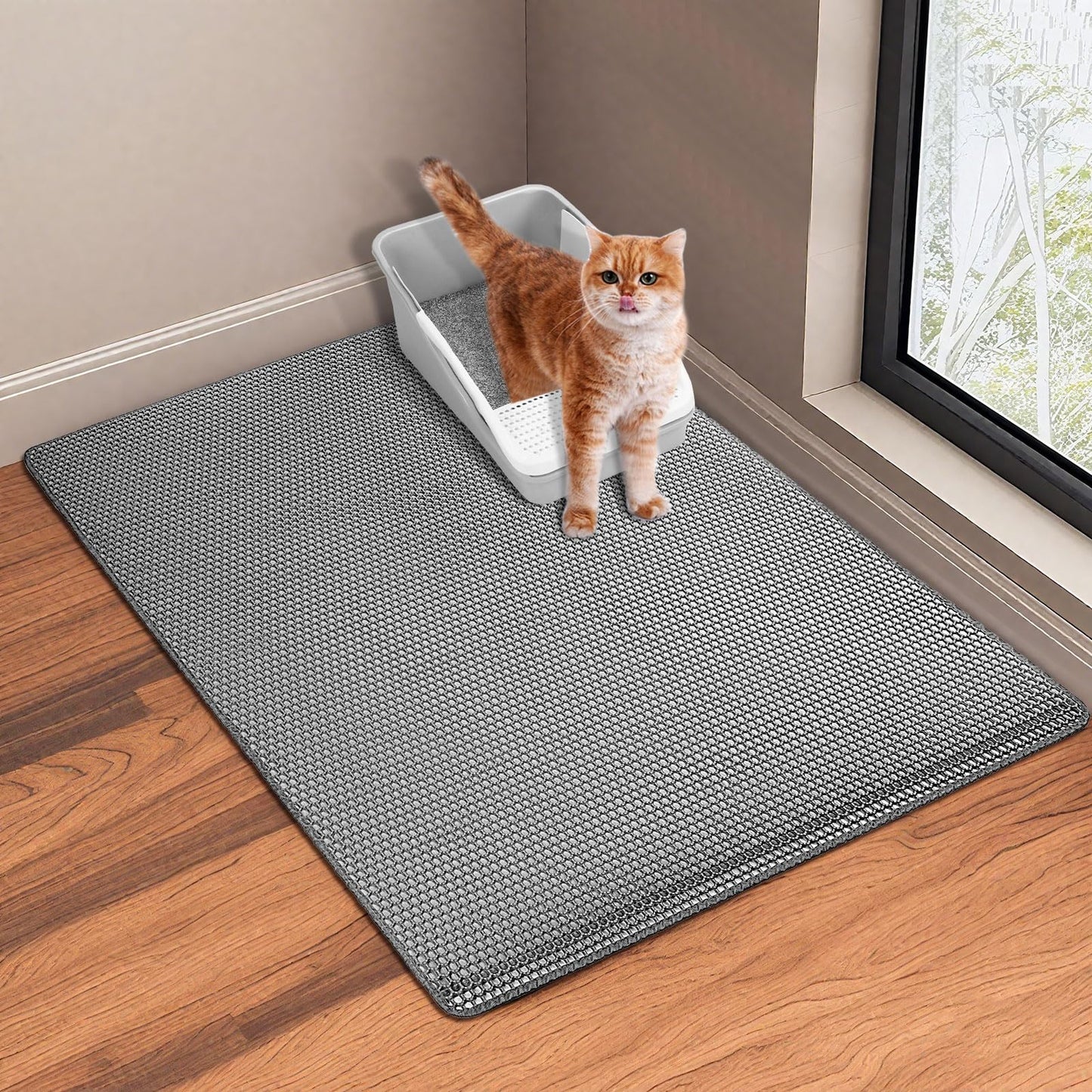GRELY 35''X 25'' Large Litter Mat, 2 Layer Cat Litter Mat Litter Trapping Mat,Litter Box Mats for Floor, Cats Litterbox Catcher Rug for Kitty Pet, Waterproof Urine Proof,Non-Slip