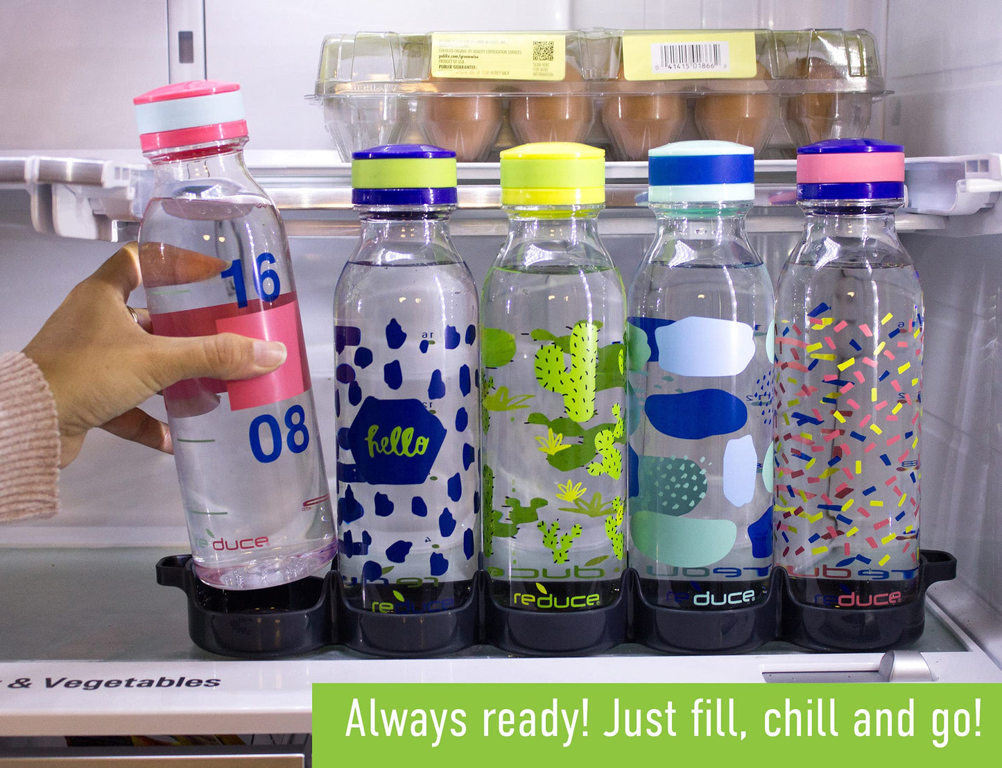 Reduce WaterWeek Reusable Water Bottle Set, 20oz – Plastic Reusable Water Bottle Set of 5, Plus Fridge Tray – BPA-Free, Leak Proof Twist Off Cap – Bliss