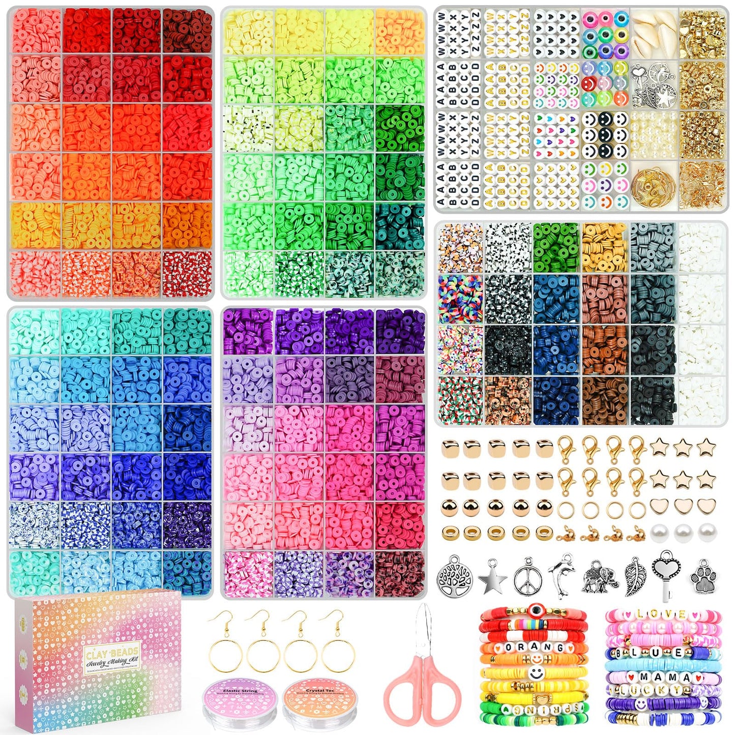 Sistenia 20,000 Pcs Clay Beads Bracelet Making Kit, 120 Colors 6 Boxes Polymer Beads Spacer Heishi Beads & Jewelry Kit with Pendant Charms Elastic Strings, Crafts Gift for Kids Adults