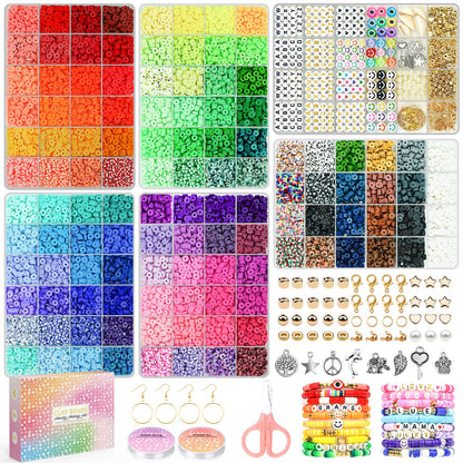 Sistenia 20,000 Pcs Clay Beads Bracelet Making Kit, 120 Colors 6 Boxes Polymer Beads Spacer Heishi Beads & Jewelry Kit with Pendant Charms Elastic Strings, Crafts Gift for Kids Adults