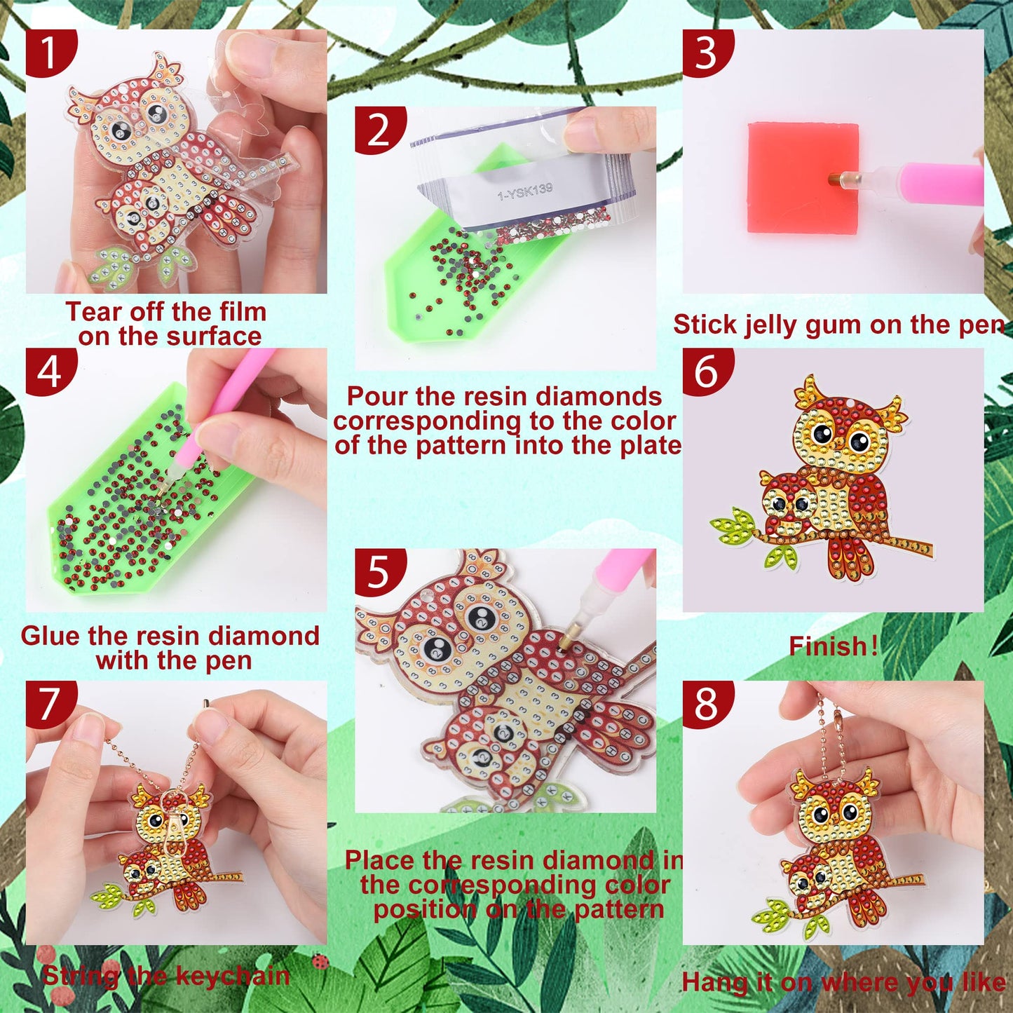 Augisteen 12 PCS Diamond Painting Keychains Kit Animals Diamond Art Ornaments Double Sided 5D Diamonds Key Rings DIY Diamonds Pendants for Beginners Birthday Crafting Home Party Decor